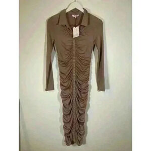 Edit By Nine Women's Ruched Bodycon Long Sleeve Dress Pencil Maxi Beige Size Med